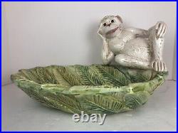 Rare Vintage Italian Majolica Pottery Monkey Relaxing On Leaf Bowl Italy
