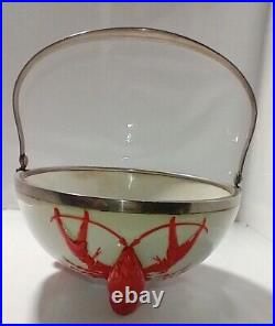 Rare Vintage Lobster Footed Bowl With Metal Rim And Handle Handle Needs Repair