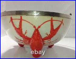 Rare Vintage Lobster Footed Bowl With Metal Rim And Handle Handle Needs Repair