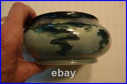 Rare vintage Pauline Pottery, pale green with dark blue drip 2 1/2 X 6 inches