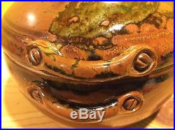 Rare vtg Texas artist signed Saul 1983 pottery casserole bowl lid sculpture dish