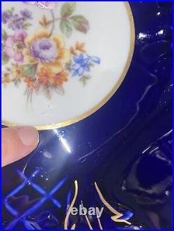 Reichenbach Echt Kobalt Blue Porcelain Pierced Footed 11 Bowl Cabbage Rose