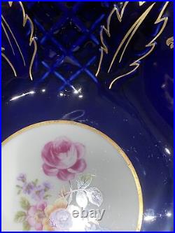 Reichenbach Echt Kobalt Blue Porcelain Pierced Footed 11 Bowl Cabbage Rose