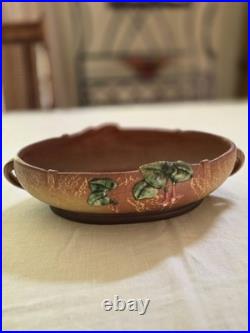 Roseville Art Pottery Oval Bowl Brown Green Floral Design Matte Finish Vintage