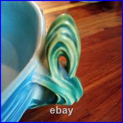 Roseville Blue Flowers Bushberry Blue Bowl Rare Handles Facing Up
