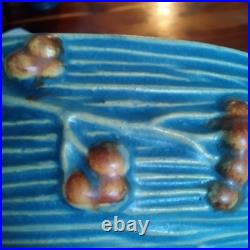 Roseville Blue Flowers Bushberry Blue Bowl Rare Handles Facing Up