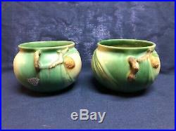 Roseville Pine Cone Bowls Pair Vintage 1935-1940 Foil Label Brown Art Pottery 2
