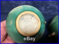Roseville Pine Cone Bowls Pair Vintage 1935-1940 Foil Label Brown Art Pottery 2