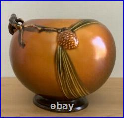 Roseville Pinecone 261-6 Rich Tan Glazed Large Rose Bowl Planter withTwig Handle