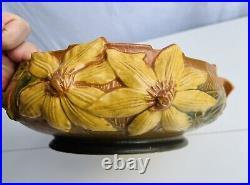 Roseville USA Vintage Pottery Clematis Large Bowl Brown Yellow Flowers Excellent