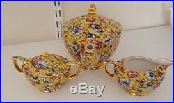 Sadler cube teapot Sophie Chintz oval set milk jug sugar bowl vintage gold gild