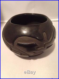 Santa Clara Carved Black Pottery Bowl Native American Vintage Excellent NANCY