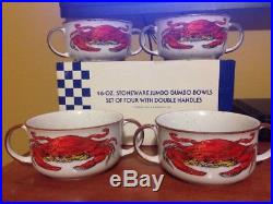 Set 4 VTG D H Holmes 2 Handle Jumbo Gumbo 16 Oz Soup Seafood Crab Bowls MugsMIB