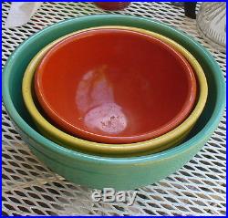 Set Of 3 Nesting Pottery Mixing Bowls Ribbed Orange Yellow And Green Vintage