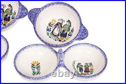 Set Of 4 Vintage Origi 2 Quimper Breton Twin Bowls & 2 Soup Cereal Bowls France