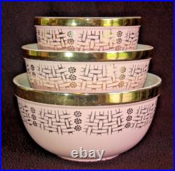 Set of 3 Nesting HALL'S SUPERIOR Pink Mixing BOWLS Gold Label BASKET Vtg