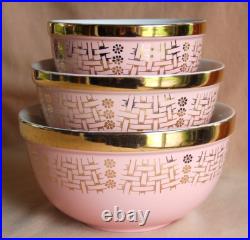 Set of 3 Nesting HALL'S SUPERIOR Pink Mixing BOWLS Gold Label BASKET Vtg