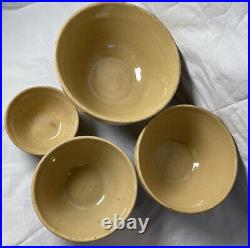 Set of 4 ANTIQUE PRIMITIVE YELLOW WARE CROCK BOWLS WITH BLUE STRIPES HULL
