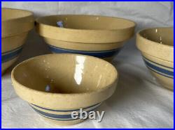 Set of 4 ANTIQUE PRIMITIVE YELLOW WARE CROCK BOWLS WITH BLUE STRIPES HULL