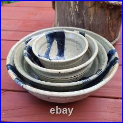 Set of 4 Vtg Studio Art Pottery Stoneware Mixing Bowls Cookware Blue Gray Signed