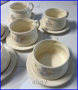 Set of 6 Vintage Art Pottery 5 Handled Soup Bowls Plates Floral Signed ZHYDETH