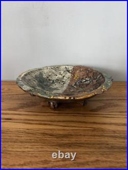 Signed Rob T Handmade Storytelling Pottery Art Bowl, Teal Mustard Yellow