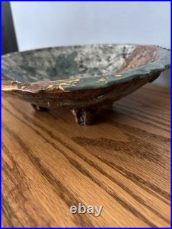 Signed Rob T Handmade Storytelling Pottery Art Bowl, Teal Mustard Yellow