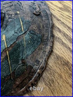 Signed Rob T Handmade Storytelling Pottery Art Bowl, Teal Mustard Yellow