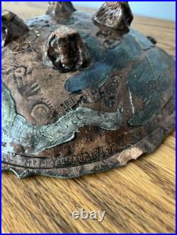 Signed Rob T Handmade Storytelling Pottery Art Bowl, Teal Mustard Yellow