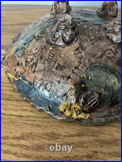 Signed Rob T Handmade Storytelling Pottery Art Bowl, Teal Mustard Yellow