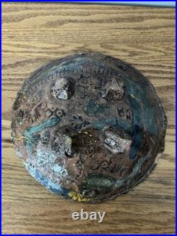 Signed Rob T Handmade Storytelling Pottery Art Bowl, Teal Mustard Yellow