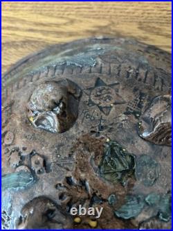 Signed Rob T Handmade Storytelling Pottery Art Bowl, Teal Mustard Yellow