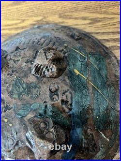 Signed Rob T Handmade Storytelling Pottery Art Bowl, Teal Mustard Yellow