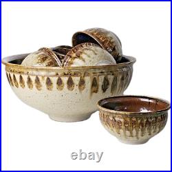 Signed Studio Pottery Farmhouse Speckled Rustic Brown Drip Glaze Bowl Set of 9