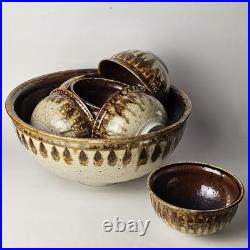 Signed Studio Pottery Farmhouse Speckled Rustic Brown Drip Glaze Bowl Set of 9