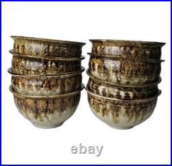 Signed Studio Pottery Farmhouse Speckled Rustic Brown Drip Glaze Bowl Set of 9