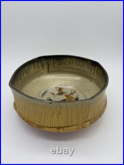 Signed Studio Pottery Wood Fired Stoneware Bowl 8 Ash Glaze Faceted Rim Mingei