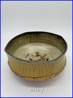 Signed Studio Pottery Wood Fired Stoneware Bowl 8 Ash Glaze Faceted Rim Mingei