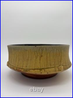 Signed Studio Pottery Wood Fired Stoneware Bowl 8 Ash Glaze Faceted Rim Mingei