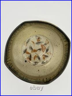 Signed Studio Pottery Wood Fired Stoneware Bowl 8 Ash Glaze Faceted Rim Mingei