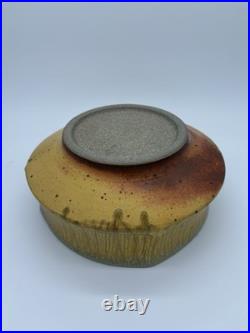 Signed Studio Pottery Wood Fired Stoneware Bowl 8 Ash Glaze Faceted Rim Mingei