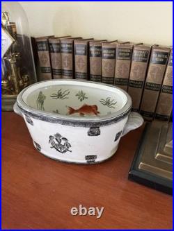 Small Antique Asian Porcelain Basin water Bowl koi fish imperial design 11 X7 X5