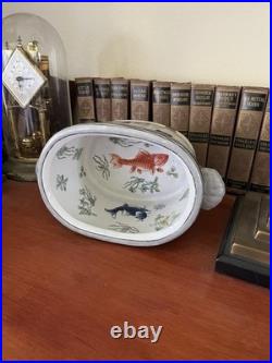 Small Antique Asian Porcelain Basin water Bowl koi fish imperial design 11 X7 X5