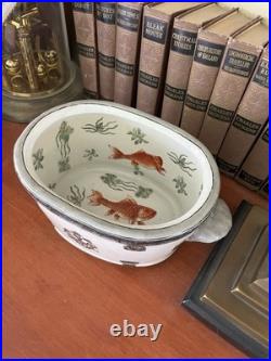 Small Antique Asian Porcelain Basin water Bowl koi fish imperial design 11 X7 X5