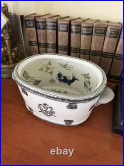 Small Antique Asian Porcelain Basin water Bowl koi fish imperial design 11 X7 X5