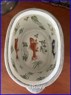 Small Antique Asian Porcelain Basin water Bowl koi fish imperial design 11 X7 X5