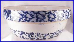 Spongeware Bowl Blue White Stoneware Primitive 11in Diameter Antique