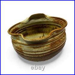 Stoneware Bowl Handle & Spout Earthy Glaze Signed MWH, Handmade