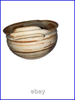 Stoneware Bowl Handle & Spout Earthy Glaze Signed MWH, Handmade