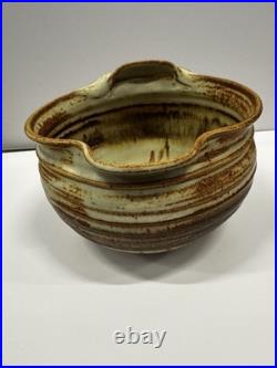 Stoneware Bowl Handle & Spout Earthy Glaze Signed MWH, Handmade